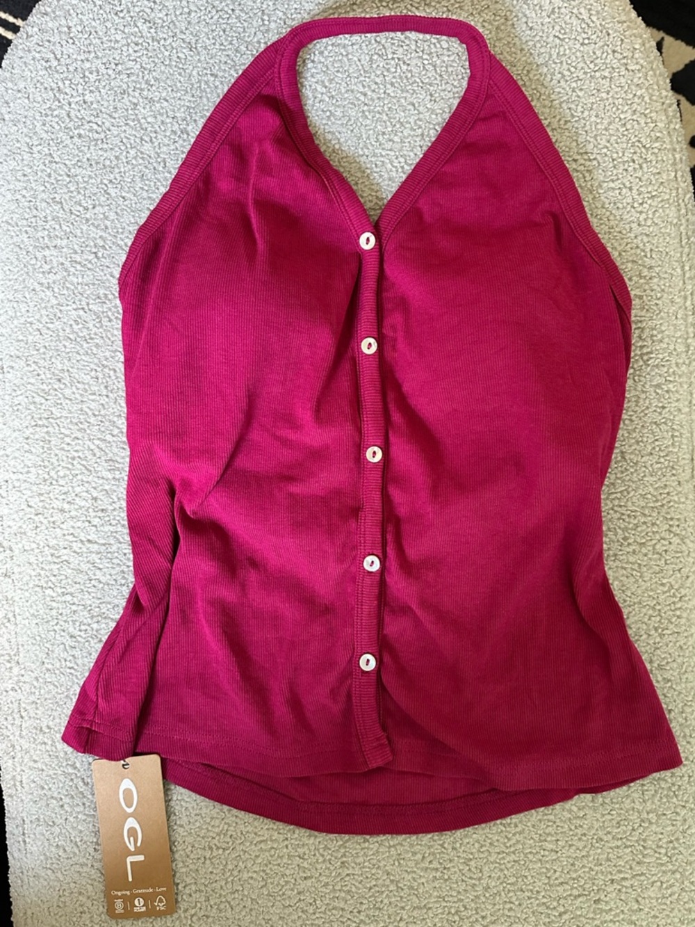 OGL Stretch Ribbed Cotton Halter Neck Faux Button Brami Top, NWT, Size L